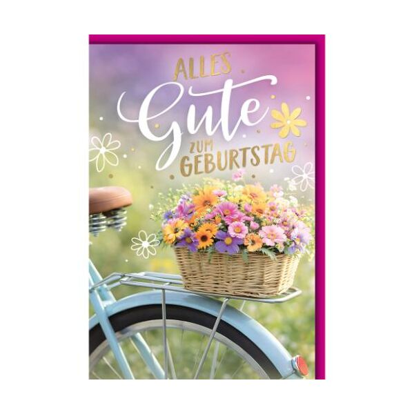 Geburtstag Glückwunschkarte mit Umschlag Blumenkorb auf Fahrrad Alles Gute zum Geburtstag