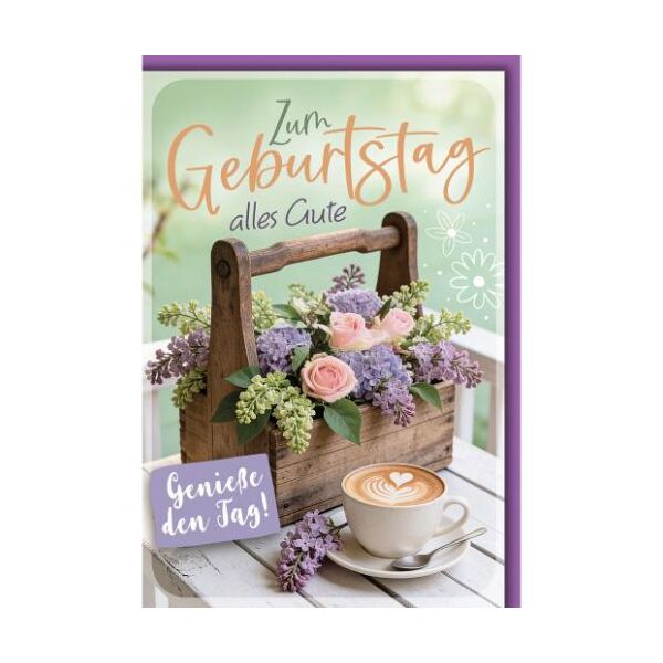 Geburtstag Glückwunschkarte mit Umschlag Blumen in Holzkiste Kaffee Genieße den Tag!