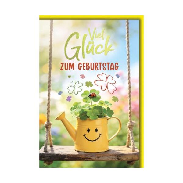 Geburtstag Glückwunschkarte mit Umschlag gelbe Gießkanne mit Klee Viel Glück zum Geburtstag