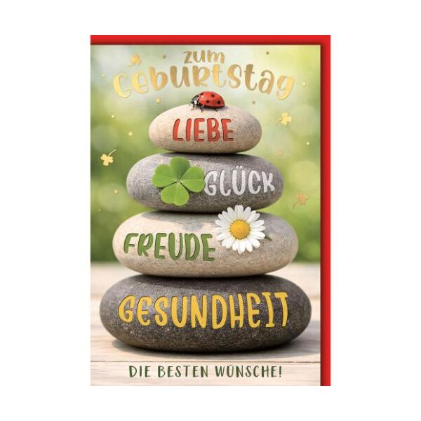 Geburtstag Glückwunschkarte mit Umschlag Steine gestaplelt Marienkäfer Liebe Glück Freude Gesundheit die besen Wünsche