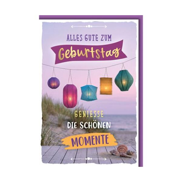 Geburtstag Glückwunschkarte mit Umschlag Lampions am Strand Genieße die schönen Momente