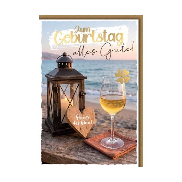 Geburtstag Glückwunschkarte mit Umschlag Windlicht, Glas Wein am Strand Genieße das Leben! Zum Geburtstag alles Gute!