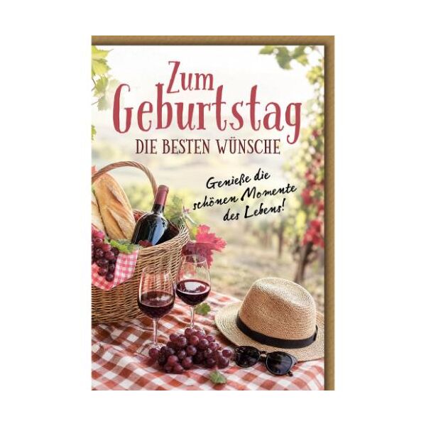 Geburtstag Glückwunschkarte mit Umschlag Picknickkorb mit Wein und Baguette Zum Geburtstag die besten Wünsche Genieße die schönen Momente des Lebens!