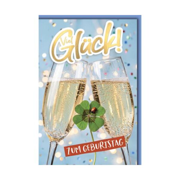 Geburtstag Glückwunschkarte mit Umschlag Viel Glück! Sekt und Kleeblatt mit Marienkäfer