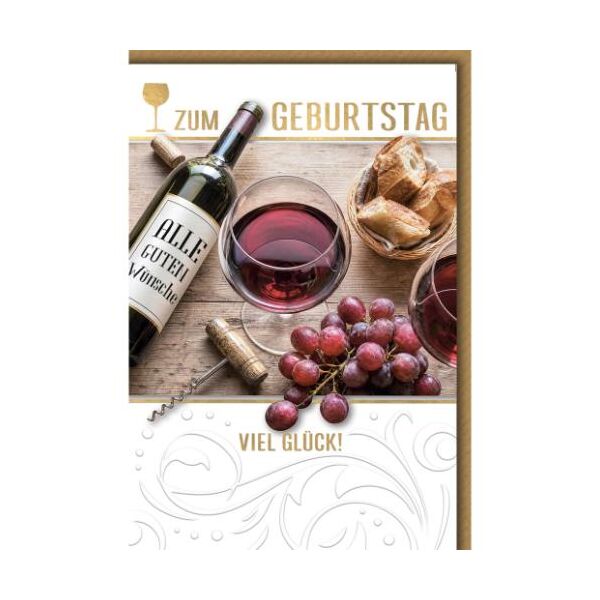Geburtstag Glückwunschkarte mit Umschlag Glas Rotwein und Trauben Viel Glück!