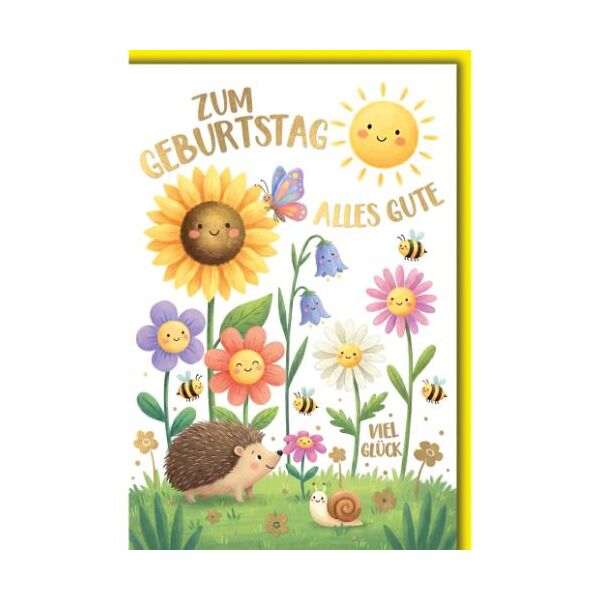 Geburtstag Glückwunschkarte mit Umschlag Blumen & Igel Cartoon Viel Glück Zum Geburtstag alles Gute