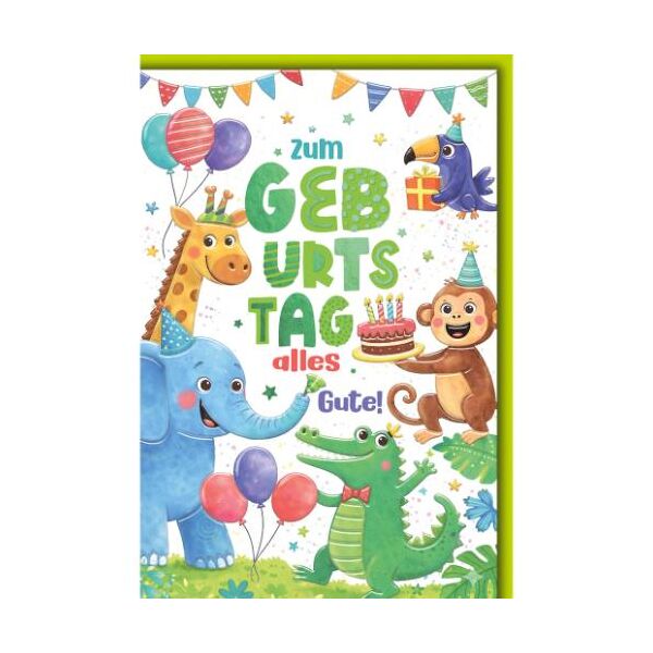 Kindergeburtstag Glückwunschkarte mit Umschlag Kinder, Party Dschungeltiere