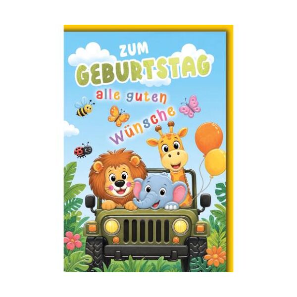 Kindergeburtstag Glückwunschkarte mit Umschlag Safari im Jeep Zum Geburtstag alle guten Wünsche