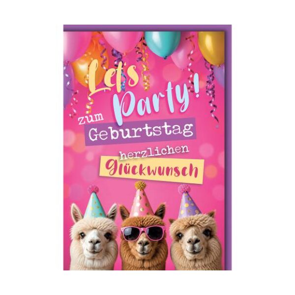 Geburtstag Glückwunschkarte mit Umschlag Alpakas mit Partyhüten Lets Party zum Geburtstag herzlichen Glückwunsch
