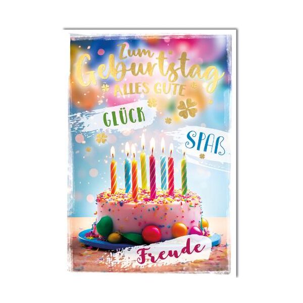 Geburtstag große A4 XXL Glückwunschkarte mit Umschlag Torte mit Kerzen Glückl Spaß Freude Zum Geburtstag alles Gute Gold Kleeblätter