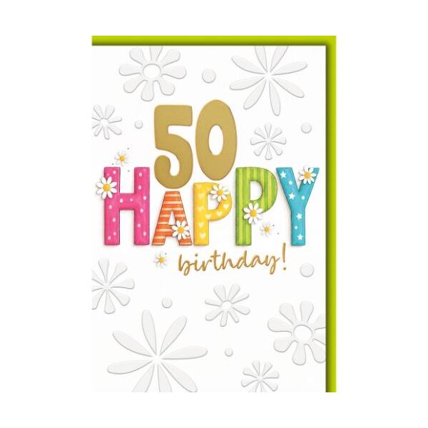 50. Geburtstag Glückwunschkarte mit Umschlag "Happy" mit kleinen Blümchen Happy birthday!