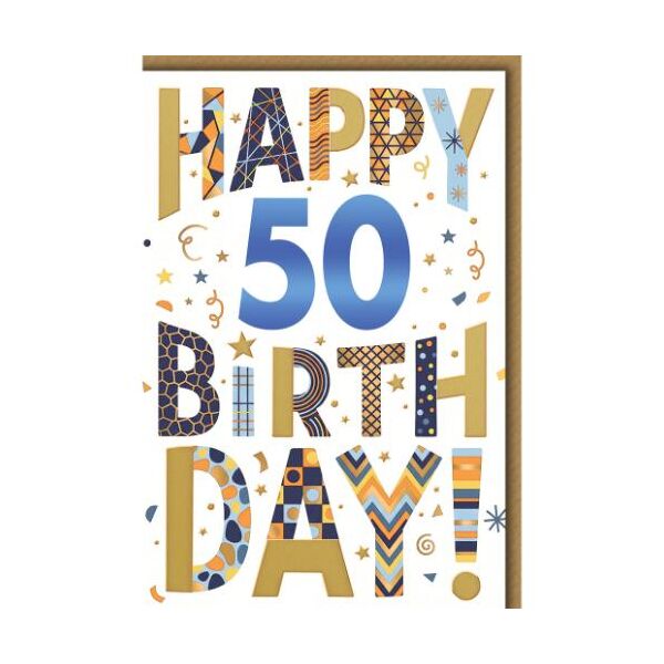 50. Geburtstag Glückwunschkarte mit Umschlag Buchstaben mit Mustern Happy Birthday!
