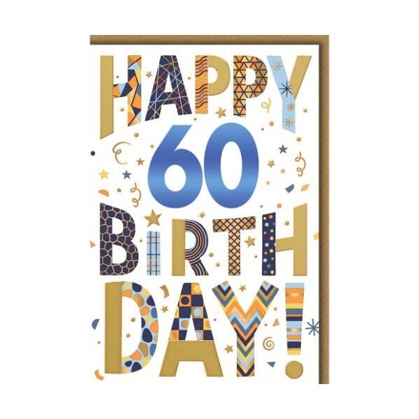60. Geburtstag Glückwunschkarte mit Umschlag Buchstaben mit Mustern Happy Birthday!
