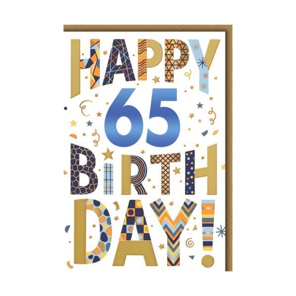 65. Geburtstag Glückwunschkarte mit Umschlag Buchstaben mit Mustern Happy Birthday!