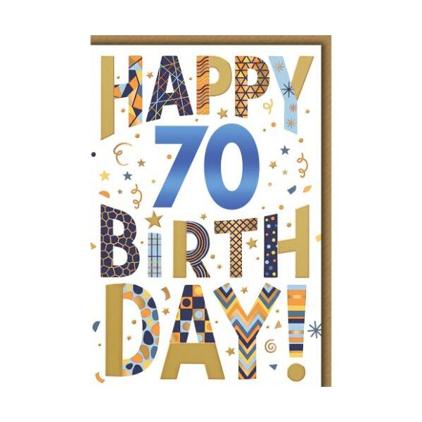 70. Geburtstag Glückwunschkarte mit Umschlag Buchstaben mit Mustern Happy Birthday!