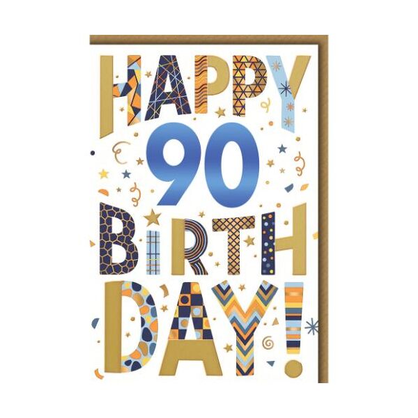 90. Geburtstag Glückwunschkarte mit Umschlag Buchstaben mit Mustern Happy Birthday!