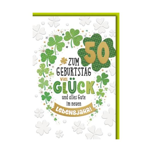 50. Geburtstag Glückwunschkarte mit Umschlag Kleeblätter mit Mustern Zum Geburtstag viel Glück und alles Gute im neuen Lebensjahr!