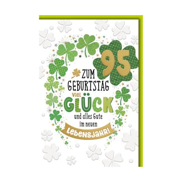 95. Geburtstag Glückwunschkarte mit Umschlag Kleeblätter mit Mustern Zum Geburtstag viel Glück und alles Gute im neuen Lebensjahr!