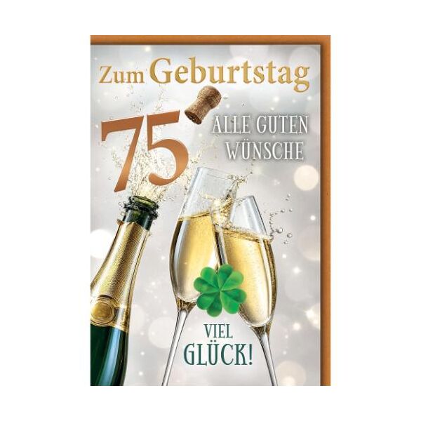 75. Geburtstag Glückwunschkarte mit Umschlag Sektflasche Sektgläser Zum Geburtstag alle guten Wünsche Viel Glück!