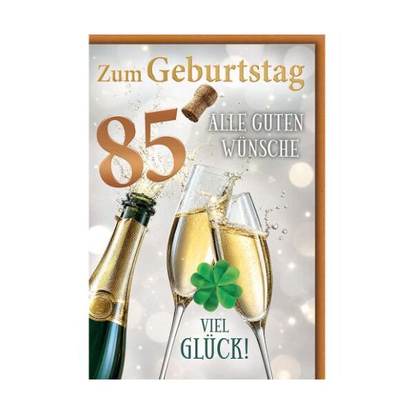 85. Geburtstag Glückwunschkarte mit Umschlag Sektflasche Sektgläser Zum Geburtstag alle guten Wünsche Viel Glück!