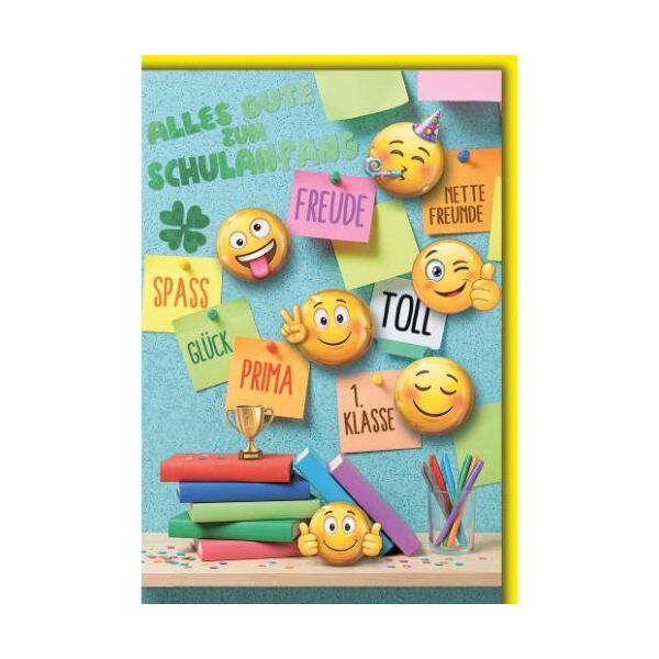 Schulanfang Glückwunschkarte mit Umschlag lustige Smileys, Glückwünsche Spass Freude Nette Freunde Glück Prima Toll 1. Klasse Alles Gute zum Schulanfang