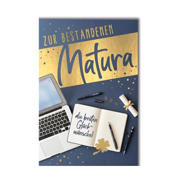 Matura Glückwunschkarte mit Umschlag Laptop und Notizbuch mit Stiften Zur bestandenen Matura die besten Glückwünsche! Goldfolie