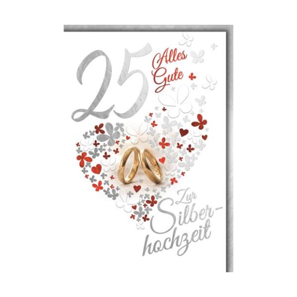 Silberhochzeit 25. Hochzeitstag Glückwunschkarte mit Umschlag Alles Gute, Goldringe 25 Zur Silberhochzeit Silberfolie
