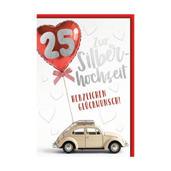 Silberhochzeit 25. Hochzeitstag Glückwunschkarte mit Umschlag Käfer mit Herzluftballon 25 Zur Silberhochzeit Herzlichen Glückwunsch!