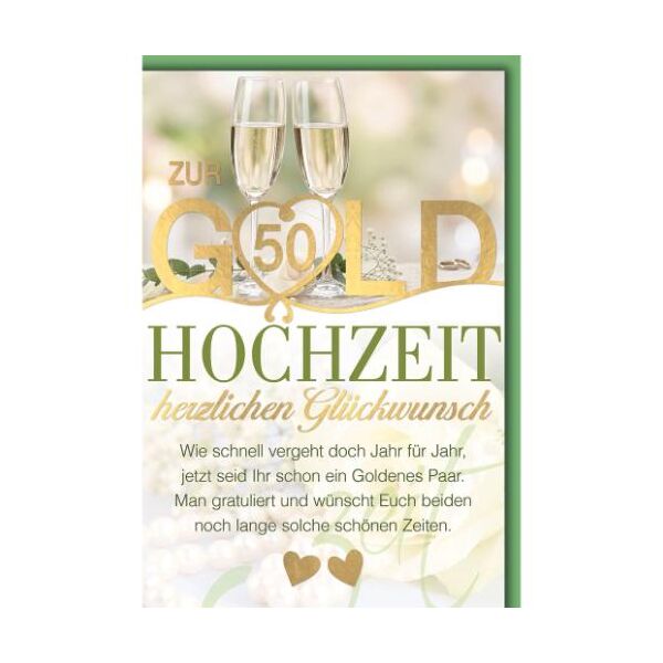 Goldhochzeit 50. Hochzeitstag Glückwunschkarte mit Umschlag Sektgläser und Herzen herzlichen Glückwunsch