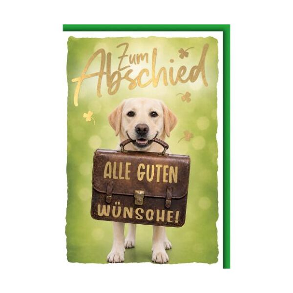 Abschied Grußkarte mit Umschlag Hund trägt Aktentasche Zum Abschied alle guten Wünsche!