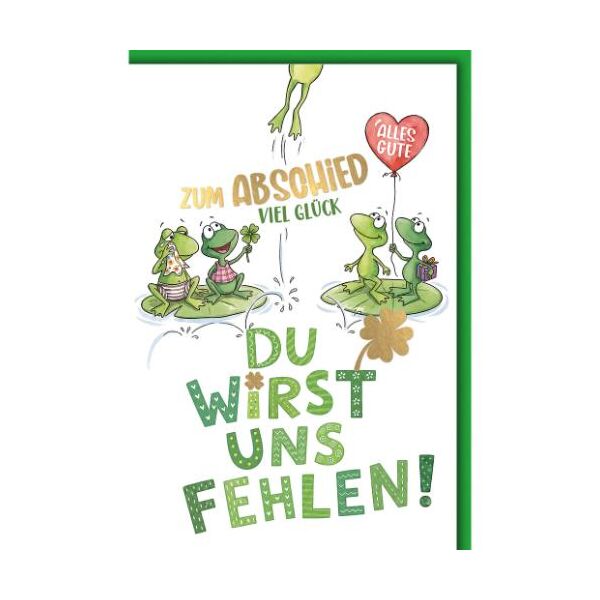 Abschied Grußkarte mit Umschlag Frösche wünschen Glück Du wirst uns fehlen!