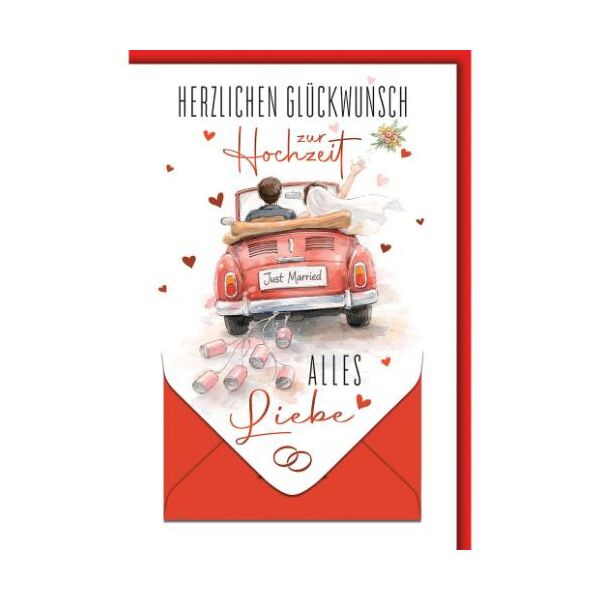 Hochzeit Geldkarte Glückwunschkarte mit Umschlag Paar in rotem Auto Herzlichen Glückwunsch zur Hochzeit Alles Liebe