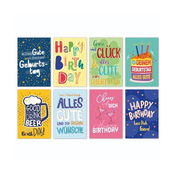 100-er Kasten Geburtstag 100 Glückwunschkarten mit Umschlag Geburtstag, 8 verschiedene Motive sortiert UVP pro Karte 1,50€