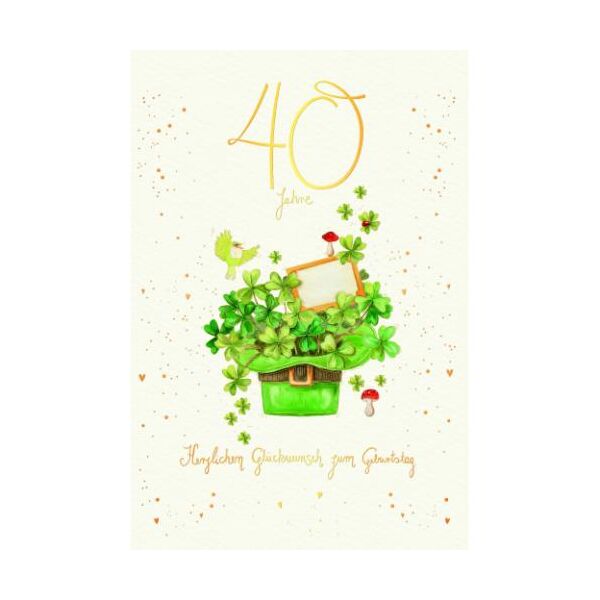 40. Geburtstag Skorpions Art Glückwunschkarte mit Umschlag Hut voller Kleelätter, Vogel, Fliegenpilze, Herzlichen Glückwunsch zum Geburtstag, mit Goldfolie und Blindprägung