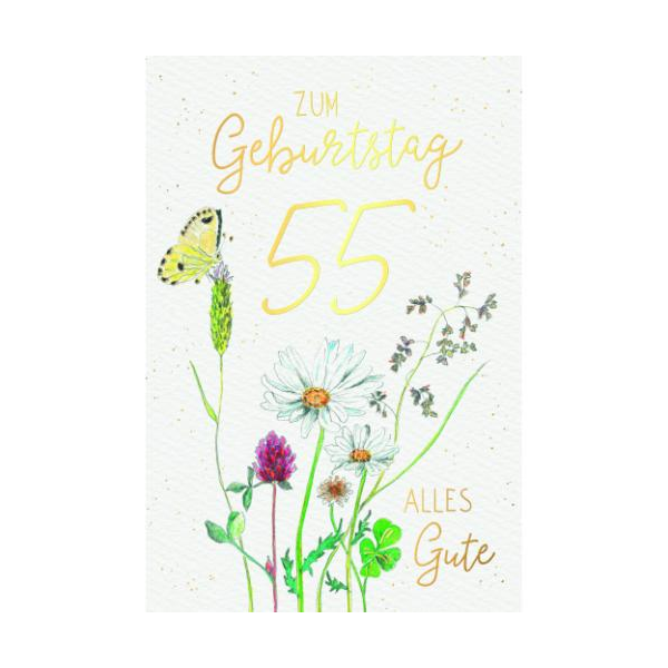 55. Geburtstag Glückwunschkarte mit Umschlag Blumen, Schmetterling, Zum Geburtstag alles Gute, mit Goldfolie