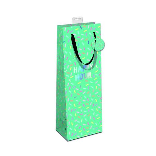 6 Geschenktaschen "Bottle" HAPPY HOUR, UVP € 17,70 pro Tüte 2,95€ mit Hologrammfolie, mit Band, Namenskarte & Eurolochvorrichtung
