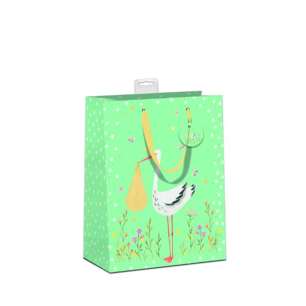 6 Geschenktaschen A4 Format Large UVP € 23,70 pro Tüte 3,95€ Geburt Baby Storch bringt Baby, Blumen, mit Goldfolie, mit Band, Namenskarte & Eurolochvorrichtung