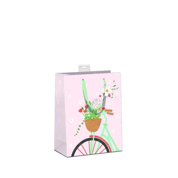 6 Geschenktaschen A5 Format Medium UVP € 21,00 pro Tüte 3,50€ Blumen im Fahrradkorb, mit Kork-Applikationen, mit Band, Namenskarte & Eurolochvorrichtung