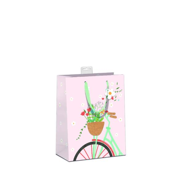 6 Geschenktaschen A5 Format Medium UVP € 21,00 pro Tüte 3,50€ Blumen im Fahrradkorb, mit Kork-Applikationen, mit Band, Namenskarte & Eurolochvorrichtung
