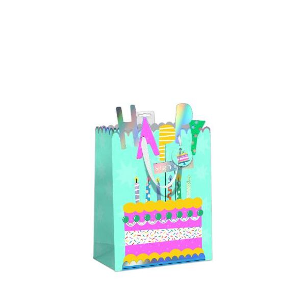 6 Geschenktaschen A5 Format Medium UVP € 21,00 pro Tüte 3,50€ Geburtstagstorte mit bunten, brennenden Kerzen, Happy Birthday gestanzt mit Hologrammfolie, mit Band, Namenskarte & Eurolochvorrichtung