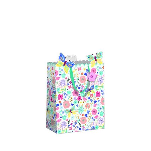 6 Geschenktaschen A5 Format Medium UVP € 21,00 pro Tüte 3,50€ Schmetterlinge, Blumen, mit türkiser Folie, gestanzt, mit Band, Namenskarte & Eurolochvorrichtung