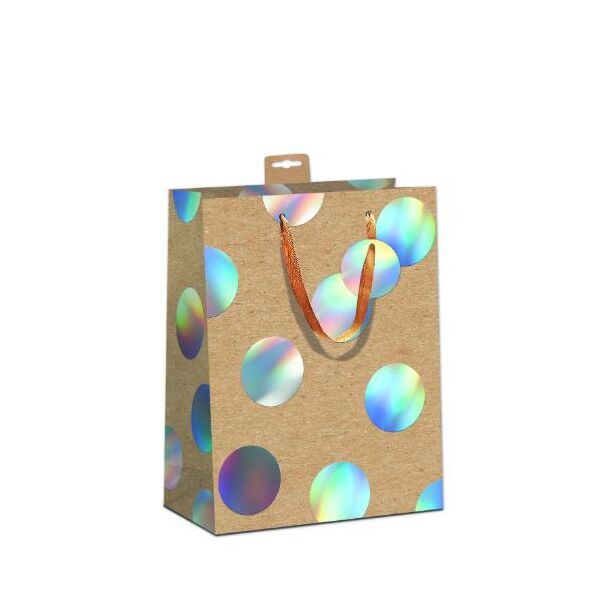 6 Kraftkarton Geschenktasche A4-Format Large UVP € 23,70 pro Tüte 3,95€ Große Punkte, mit Hologrammfolie, mit Baumwollband, Namenskarte & Eurolochvorrichtung