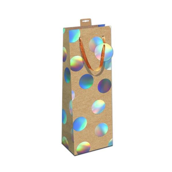 6 Kraftkarton Geschenktasche Flaschenformat Bottle UVP € 17,70 pro Tüte 2,95€ Große Punkte, mit Hologrammfolie, mit Baumwollband, Namenskarte & Eurolochvorrichtung