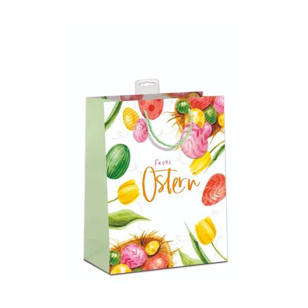 6 Ostern Geschenktaschen A4 Format Large UVP € 23,70 pro Tüte 3,95€ Frohe Ostern, Tulpen, bunte Ostereier, mit oranger Folie, mit Kordel, Namenskarte & Eurolochvorrichtung