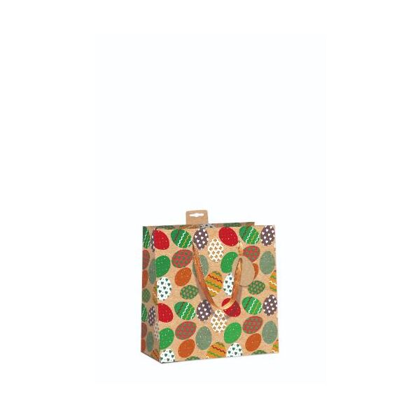 6 Ostern Kraftkarton Geschenktasche "Small" CD-Format UVP € 17,70 pro Tüte 2,95€ Bunte Ostereier, mit grüner Folie und weißem UV-Lack, mit Baumwollband, Namenskarte & Eurolochvorrichtung