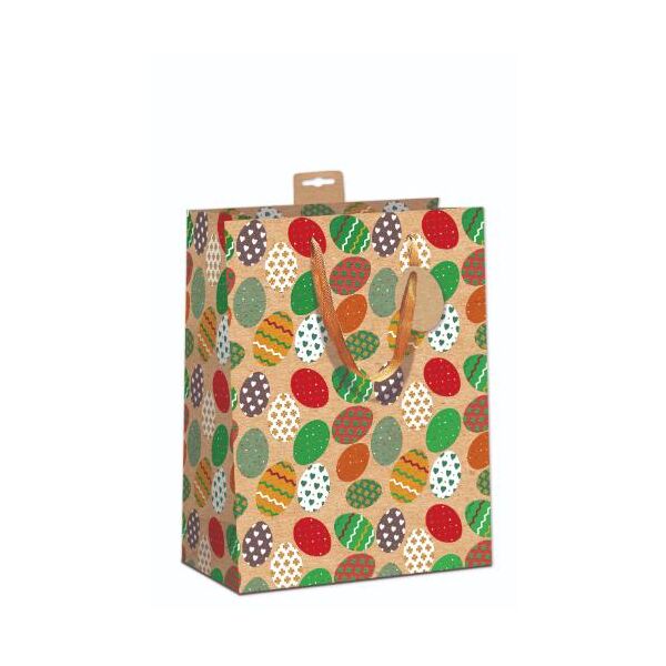 6 Ostern Kraftkarton Geschenktasche A4-Format Large UVP € 23,70 pro Tüte 3,95€ Bunte Ostereier, mit grüner Folie und weißem UV-Lack, mit Baumwollband, Namenskarte & Eurolochvorrichtung