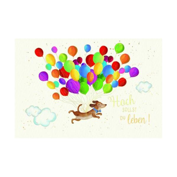Allgemeine Wünsche Skorpions Art Glückwunschkarte mit Umschlag Dackel an bunten Luftballons, Wolken, Hoch sollst du leben!, mit Goldfolie und Blindprägung