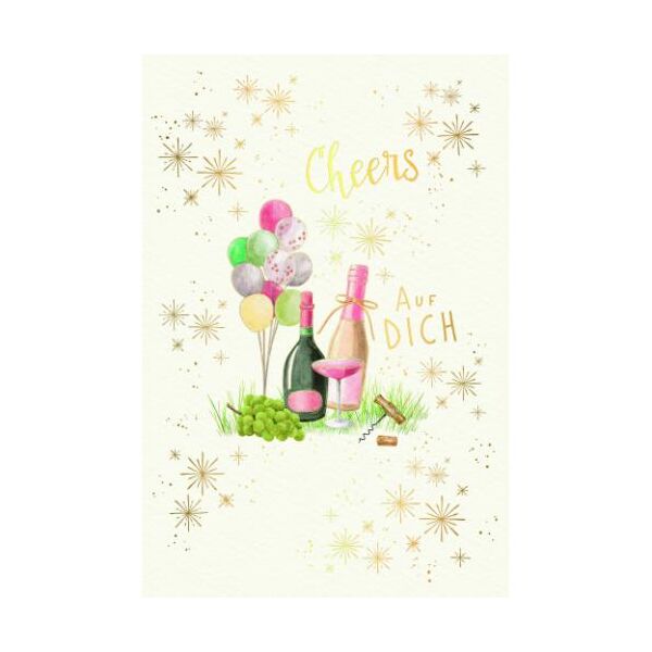 Allgemeine Wünsche Skorpions Art Glückwunschkarte mit Umschlag Weinflaschen, -glas, -trauben und bunte Luftballons, Cheers Auf Dich, mit Goldfolie und Blindprägung
