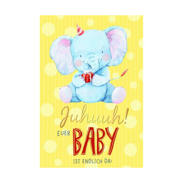 Geburt Baby Glückwunschkarte mit Umschlag Elefant mit Geschenk, Juhuuh! Euer Baby ist endlich da!, mit Goldfolie