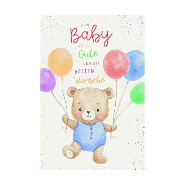 Geburt Baby Glückwunschkarte mit Umschlag Teddybär mit Luftballons, zum Baby Alles Gute und die besten Wünsche